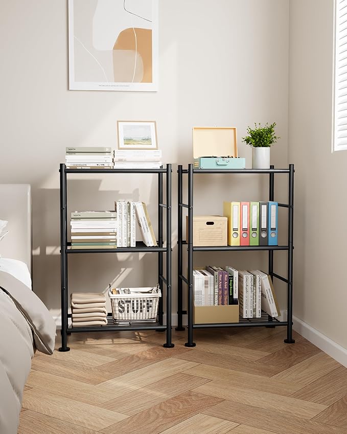 2-Pack Storage Shelves - 3-Tier Metal Wire Shelf Organizer, Slim Shelf Rack with Adjustable Feet for Laundry Room, Kitchen, Garage Organization, 18.2" x 12.3" x 30.4", Black