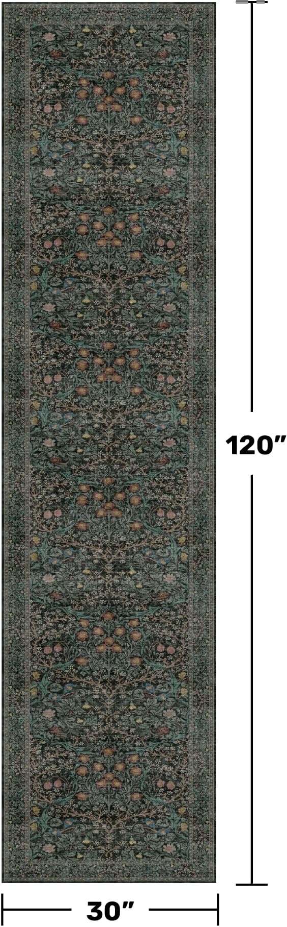 Dark Green 2'6" x 10' Runners for Wide Hallways Non Slip, Extra Long 10ft Floor Runner for Kitchen, Entryway Indoor, Washable Rubber Backing Stain Resistant - Vintage Floral Décor