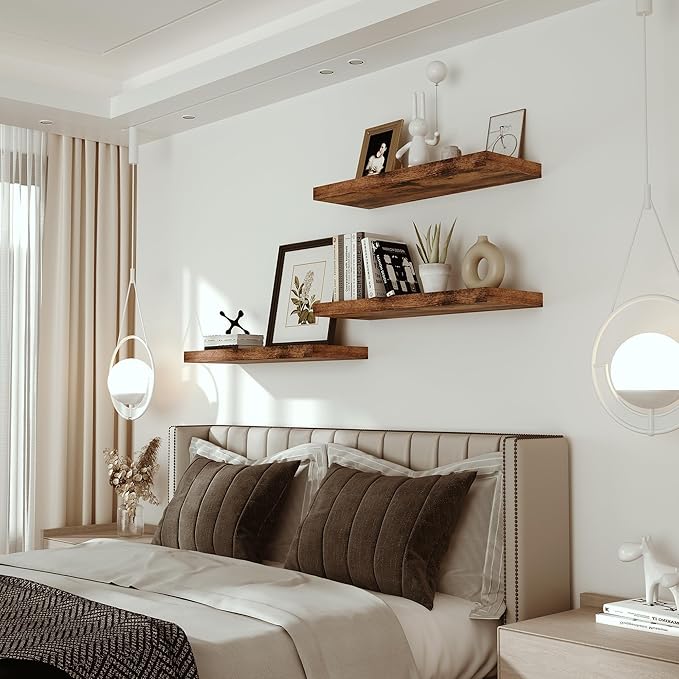 Vivelove 24 inchs Bathroom Floating Shelves for Wall, 9.1” Deep x 1.6” Thick Wall Shelves for Bedroom, Living Room, Kitchen, Office, Rustic Farmhouse Shelf Decor with Invisible Bracket, Set of 2