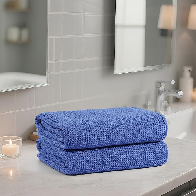 POLYTE 380 GSM Microfiber Oversize Quick Dry Lint Free Waffle Bath Towel for Body, 60 x 30 in, Set of 2