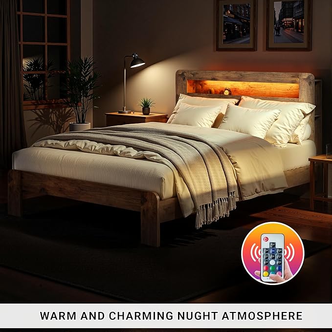 Queen Bed Frame with Headboard, Wooden Platform Bed Frame Queen Size with Bookcase Shelf, LED Lights, Charging Station, Heavy Duty Supports, No Box Spring Needed, Dark Brown