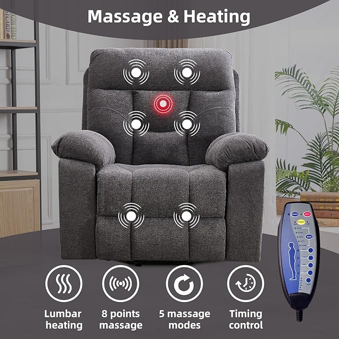 CANMOV Large Power Lift Recliner Chair with Massage and Heat for Elderly Big and Tall People, Overstuffed Wide Recliners with 2 Cup Holders, Side Pocket and USB Port, Dark Grey