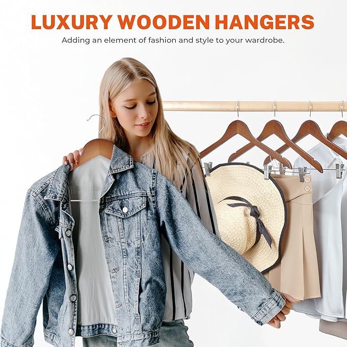 HOUSE DAY Wooden Hangers with Clips 24 Pack, Heavy Duty Walnut Wood Pants Hanger, Premium Skirt Hanger with Adjustable Clips, Solid Clip Hangers for Suit, Blouse, Dress, Coat, Jacket, Bottom