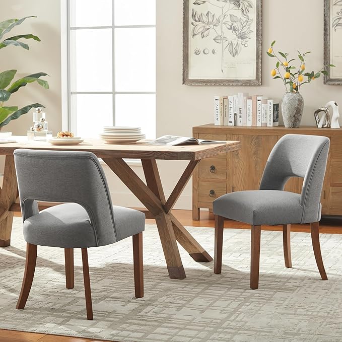 VKNOW Wooden Dining Chairs Set of 6, Modern Fabric Upholstered Dining Room Chair Kitchen Chairs, Farmhouse Dinner Chair for Kitchen Dining Room, Fabric Grey