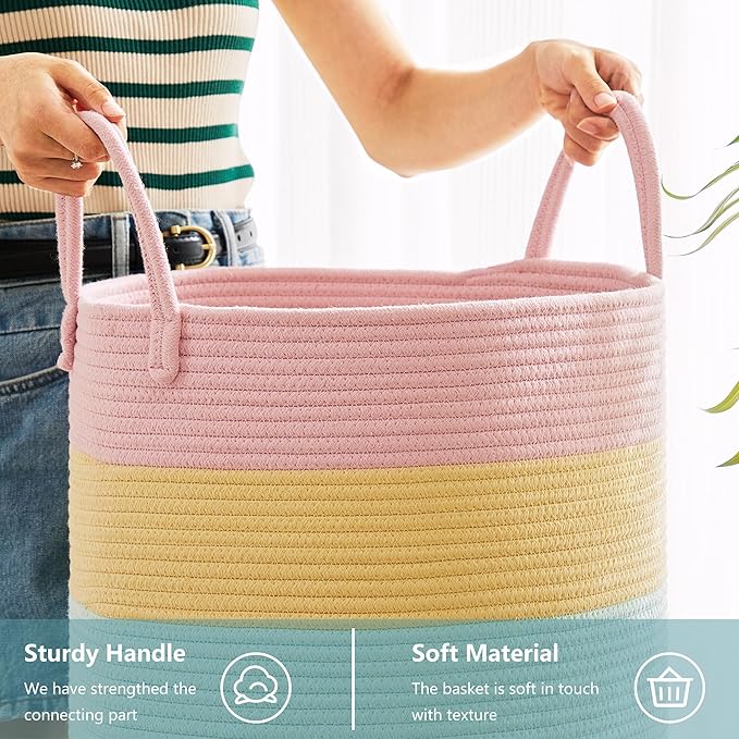 62L Hamper Laundry Basket for Baby Girls Kids Rainbow Nursery Hamper for Clothes Pastel Unicorn Woven Rope Blanket Basket for Toy in Playroom Bedroom Large