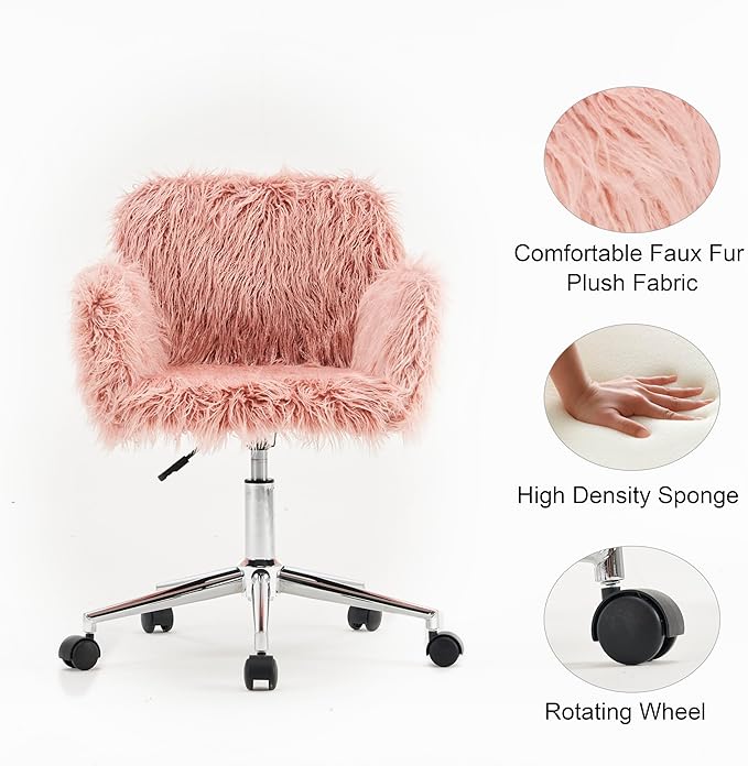 Goujxcy Fluffy Desk Chair, Pink Faux Fur Vanity Chair Swivel Office Chair for Girls Women, Height Adjustable Cute Plush Furry Makeup Chairs for Bedroom Home Office