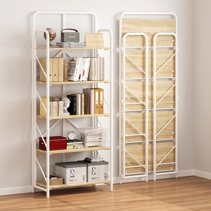 JSB No Assembly Folding Bookshelf, 5 Tier Industrial Metal Book Shelf for Storage, Vintage Wood Foldable Bookcase for Living Room, Bedroom, Office Organization Shelves