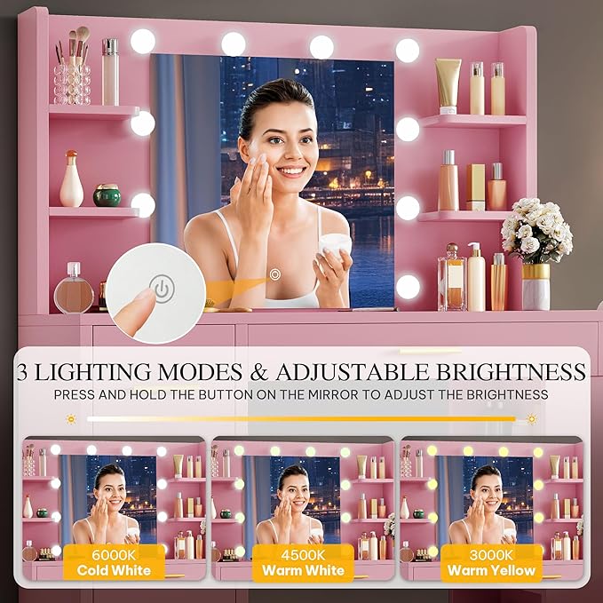 DWVO Makeup Vanity with LED Mirror, 40" Big Vanity Makeup Table with 4 Drawers and 7 Open Storage Shelves, Built-in Power Outlets & Hairdryer Holder, Pink