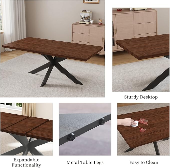 ZckyCine Expandable Dining Table Set for 6-8 People, Modern Rectangular Kitchen Table, 63"-79" Extendable, Walnut Finish, Metal Frame, 6 PU Leather Cushioned Chairs, Easy Assembly