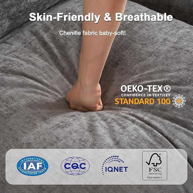 111.4" Cloud L Shaped Sectional Couch with Ottoman｜Modular Chenille Sofa with 29.1" Deep Seat｜FSC Solid Wood Frame｜Easy Assembly & 1YR Guarantee｜for Living Room Bedroom Apartment，Grey