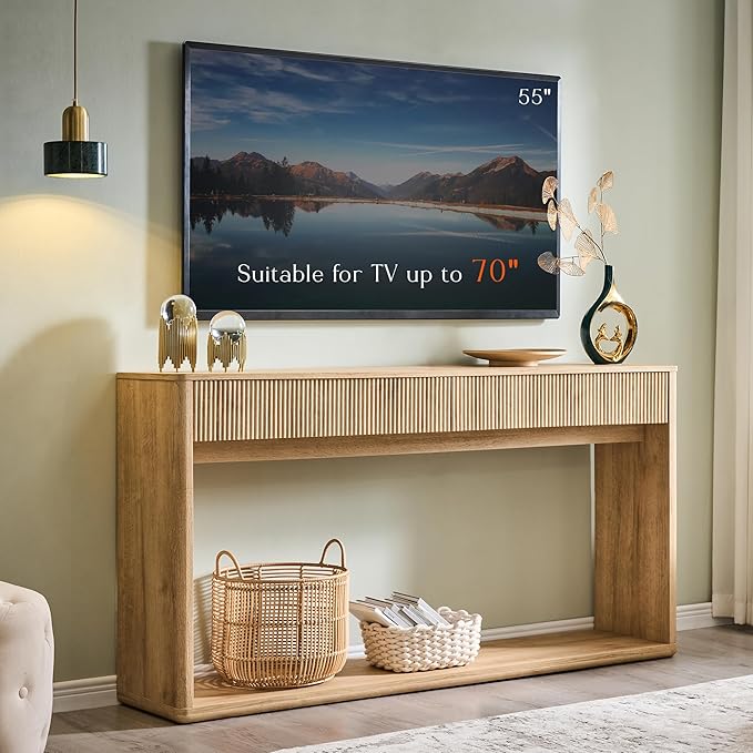 OKD 63" Fluted Console Table for Entryway, Modern Entryway Table with 2 Large Drawers, Long Sofa Table Behind Couch for Living Room, Hallway, Couch, Foyer，Natural Oak