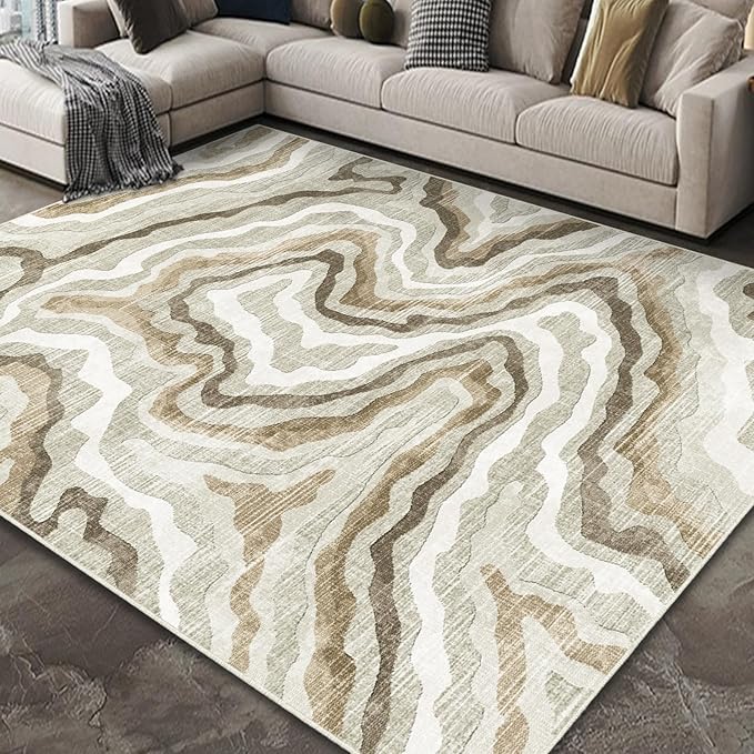 Area Rug Machine Washable Rug 7x9 - Abstract Inspired Design Large Area Rugs for Living Room Bedroom,Soft Durable, Stain Resistant, Non-Shedding, Easy Clean Area Rugs (Multi Beige, 7X9)