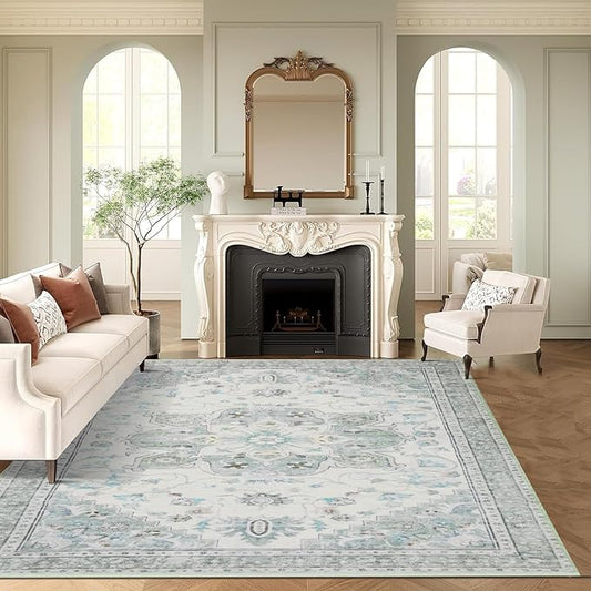 6x9 Soft Washable Area Rugs for Living Room and Bedroom, Non-Slip Stain Resistant Indoor Carpet, Cozy Floor Mat for Dining Room, Office, Under TableStain Resistant Green Floral