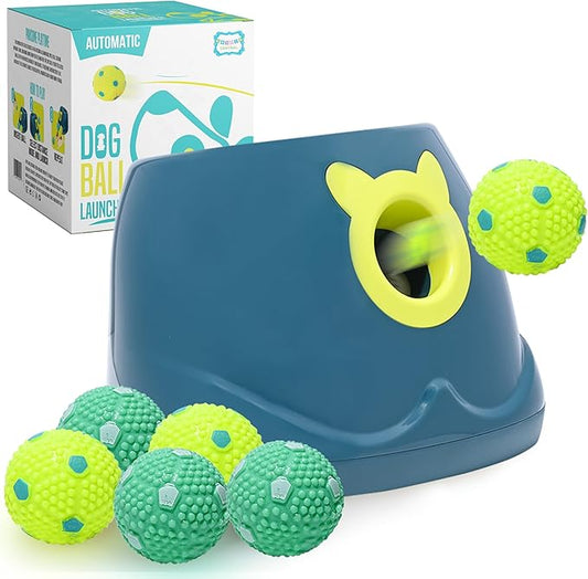 Automatic Dog Ball Launcher - Dog Ball Fetch Machine, Ball Thrower for Dogs, for Small to Medium Sized Dogs, Interactive Dog Toy with 6 Latex Balls, Plug-in & Battery Options - 4 Launch Distances
