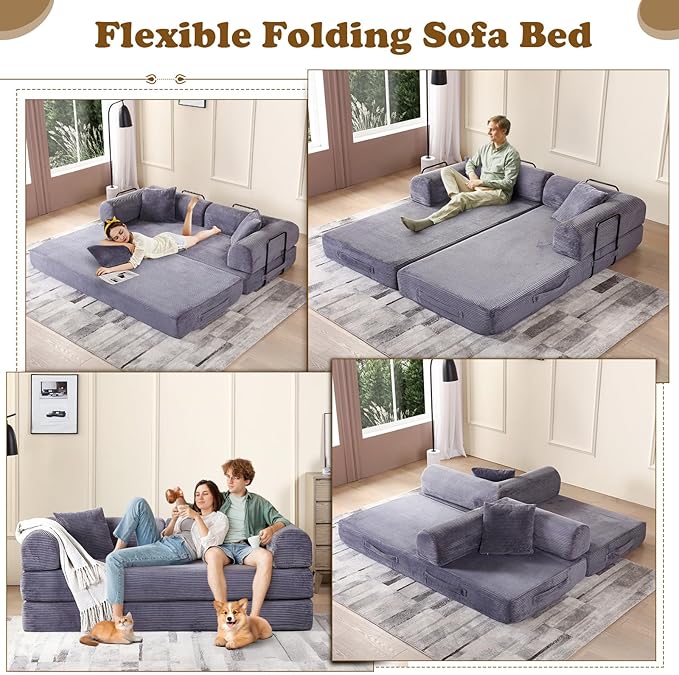 Antetek Convertible Futon Sofa Bed, 3-Seater Modern Corduroy Foam Floor King Size Bed Fold Out Sleeper Lounge Loveseat Sofa Couch with 2 Throw Pillows for Living Room Bedroom Guest Room, Light Grey