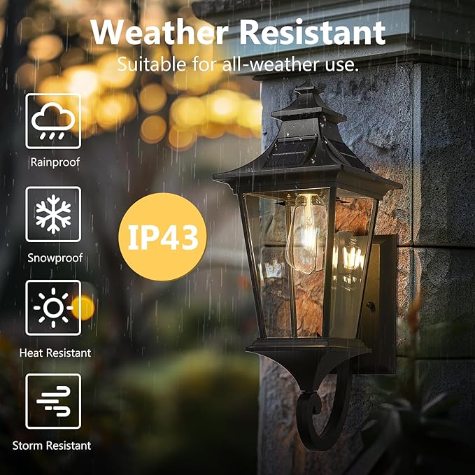 Emliviar Solar Exterior Front Porch Light with Remote Control, 3 Lighting Modes Waterproof Solar Wall Lantern, Auto On/Off Black Outside Light with Clear Glass, 500181-SL BK