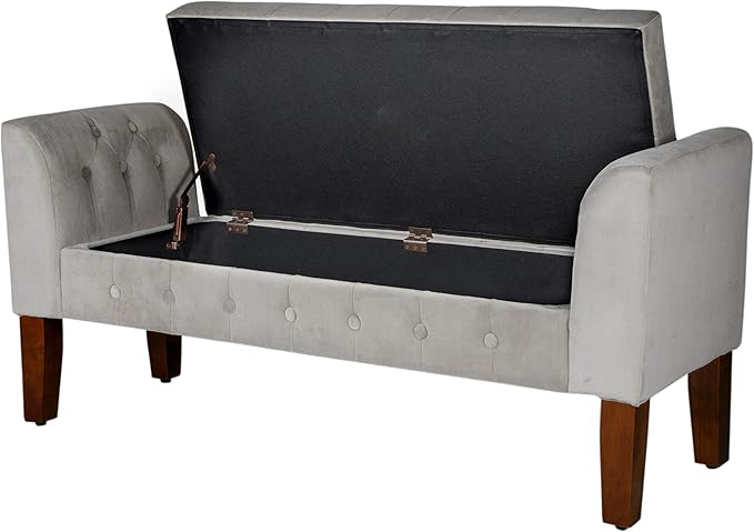 HomePop Velvet Tufted Storage Bench Settee with Hinged Lid, Grey
