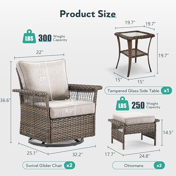 5 Pieces Wicker Patio Furniture Set - Hollow Widen Armrest Outdoor Swivel Glider Chairs with Side Table & Ottomans, Small Patio Conversation Set for Balcony Porch Deck and Yard - Brown/Beige