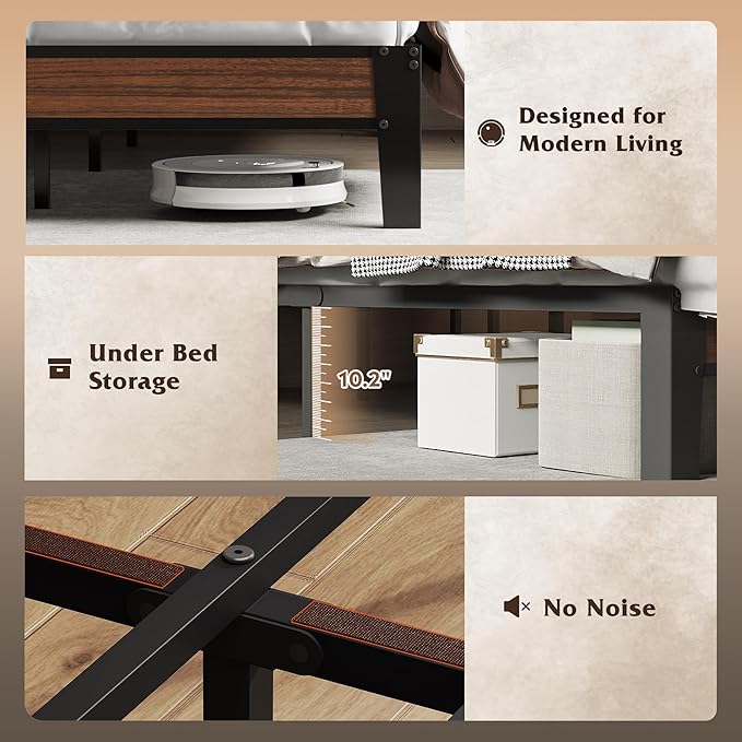 WLIVE Full Upholstered Bed Frame with 2 Side Shelves, Linen Tufted Storage Headboard with Charging Ports and LED Light, Metal Solid and Stable, No Box Spring Needed, Easy Assembly, Brown