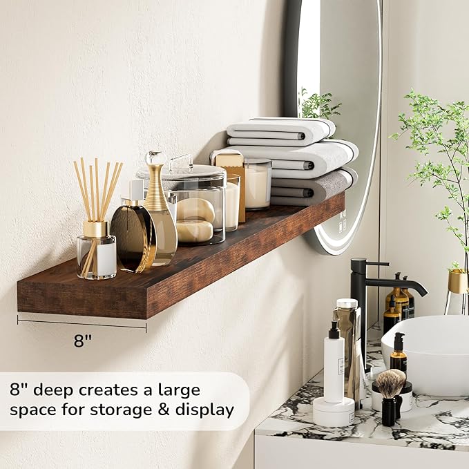 Fun Memories 48 Inch Floating Shelves - Fireplace Mantel Shelf - Deep Wall Mounted Wood Storage Shelf for Bedroom, Kitchen, Farmhouse - 1 Pack, Rustic Brown