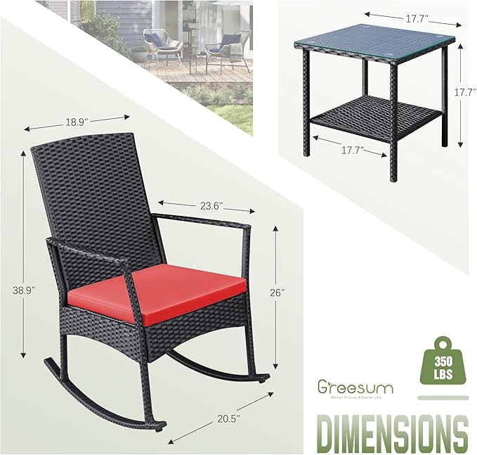 Greesum 3 Pieces Patio Furniture Set Outdoor Wicker Rocking Chairs with Glass Coffee Table for Garden Backyard Porch Poolside, Red
