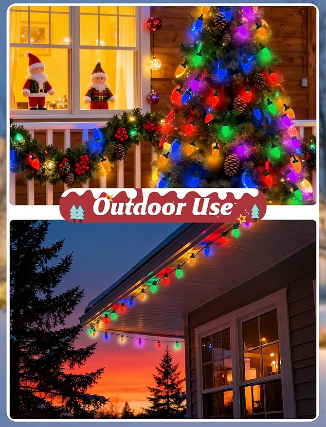 C7 LED Christmas Lights Outdoor,50 LED Multicolor C7 Christmas Light 0.07w per Diamond Bulb,26FT Xmas Lights Outdoor for House, Yard, Garden, Christmas Tree Decoration, Green Wire