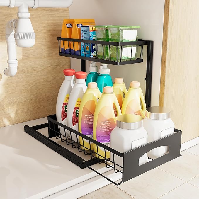 Under Sink Organizer and Storage, Height Adjustable Cabinet Organizer with Slide Out Drawer, Pull Out Under Sink Storage, Multi-Purpose 2 Tier Sink Shelves for Kitchen Bathroom Pantry (Black, 1 Pack)