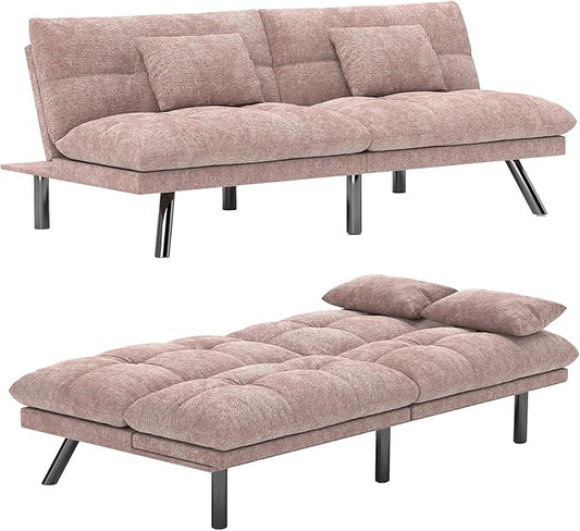 Futon Sofa Bed Convertible 70 inch Solid Wood Couch for Living Room, Chenille Fabric, 2 Cushions (Pink)