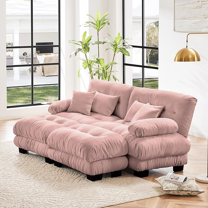 94.4" Loveseat Sofa, 2 Seater Modular Sectional Sofa, Pink Large U Shaped Sectional Couches, Fluffy Chenille Cloud Couch with Ottoman, Deep Seat for Living Room