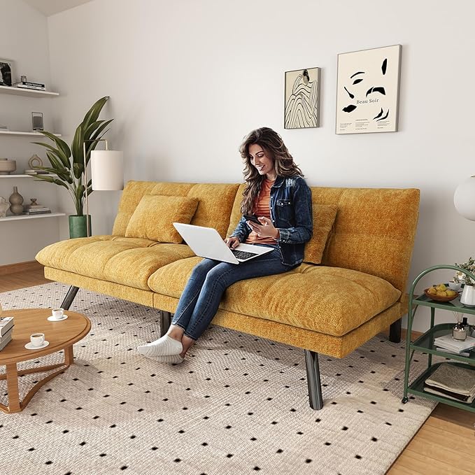 Futon Sofa Bed Convertible 70 inch Solid Wood Couch for Living Room, Chenille Fabric, 2 Cushions (Caramel Orange)