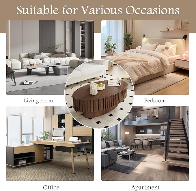 Fluted Coffee Table 43.3" Oval Wood Coffee Tables Modern Handcraft Drum Coffee Table with Solid Wood Relief Sturdy Pedestal Accent Table for Living Room Home Office (Dark Brown)