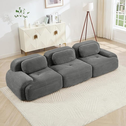 116" Modern Compressed Boneless Couch, 3 Seater Sectional Couches for Living Room, Gray Corduroy Cloud Modular Sectional Sofa, Comfy Memory Foam, Extra Deep, Sofas para Sala, No Assembly
