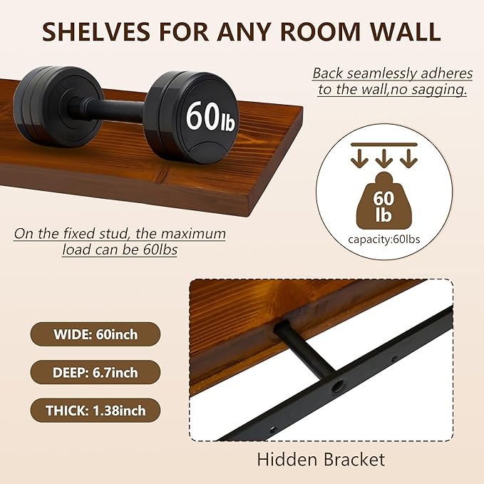 foxsky 60 Inch Solid Pine Wood Floating Shelves for Wall with Hidden Brackets, Rustic Farmhouse Wall Mounted Shelf for Bathroom, Living Room, Bedroom, Kitchen, Office Decor (Honey Oak)