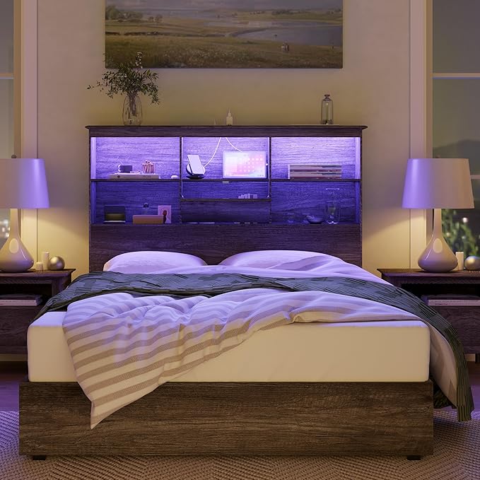 AMERLIFE King Size Bed Frame Wooden Platform Bed with 51.2" Storage LED Bookcase Headboard, 4 Storage Drawers & Charging Station/No Box Spring Needed/Noise Free/Rustic Grey
