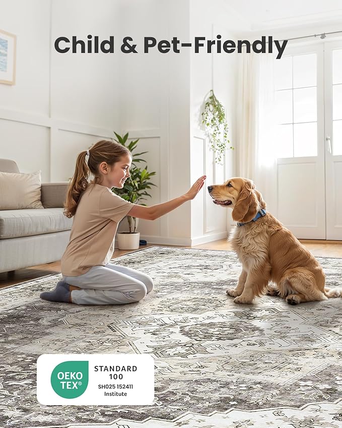 AMADA HOMEFURNISHING Grey 8x10 Area Rug, Washable Low-Profile Large Area Rug with Non-Slip Backing & Durable Edge Binding, Vintage Large Rugs for Living Room, Bedroom