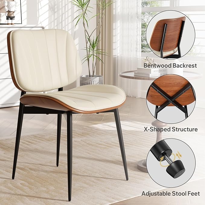 Dining Chairs Set of 8, Mid Century Modern Dining Room Chair, Upholstered Faux Leather Kitchen Chairs with Walnut Bentwood Back and Metal Legs for Kitchen Dining Room Living Room, Beige