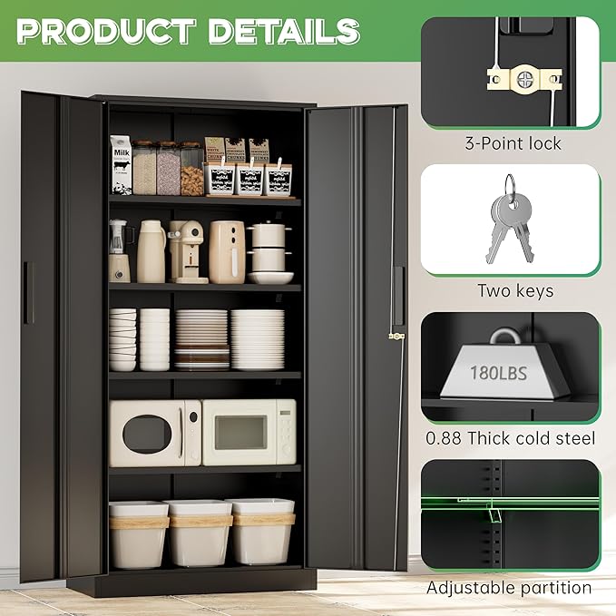 INTERGREAT Metal Storage Cabinet with Lock, 72" H Lockable Metal Storage Cabinet with Locking Doors, Steel Storage Lockers with Adjustable Shelves for Office, Home, Garage, Gym, School (Black)