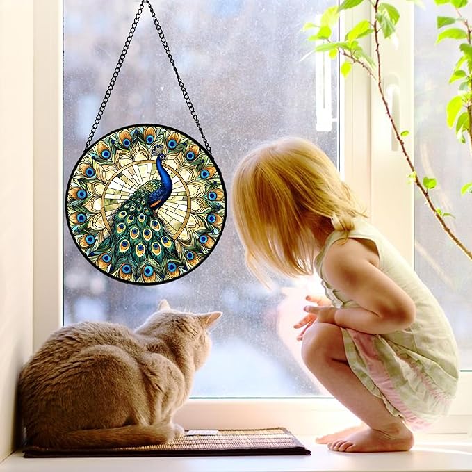 Stained Glass Window Hanging - Retro Peacock Decoration Suncatcher for Door Garden Home Bird Feather Sun Catchers Christmas Mother's Day Birthday Gifts for Women Men Mom Nana Friend 6.3 in