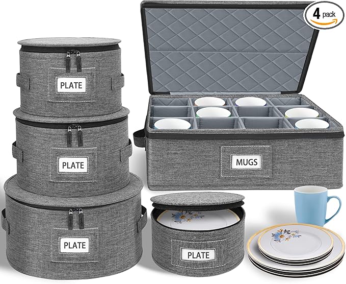 punemi Rigid China Storage Containers 5-Piece Set with Dividers, Quilted Stackable Plate & Dish Storage Protectors, Adjustable Mug and Cup Storage Organizer for Moving and Dinnerware storage, Grey