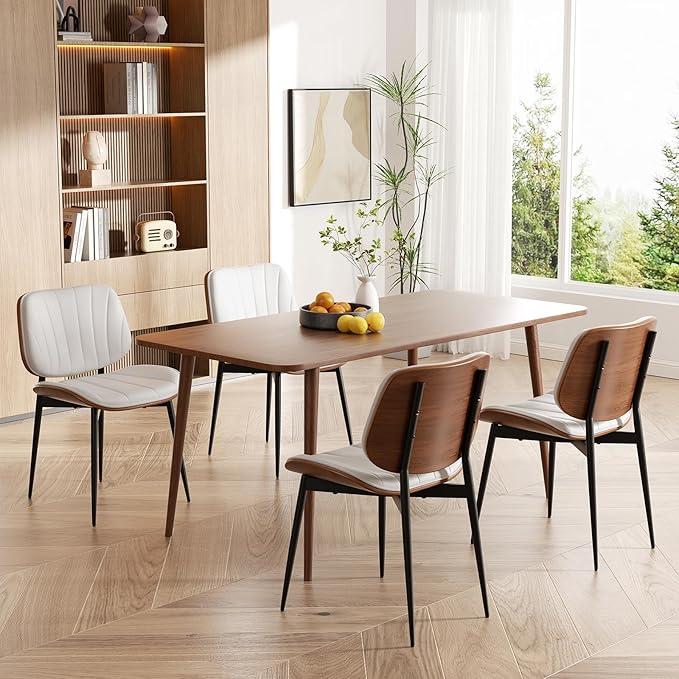 Dining Chairs Set of 4, Mid Century Modern, Upholstered Faux Leather, Walnut Bentwood Back, Metal Legs, White
