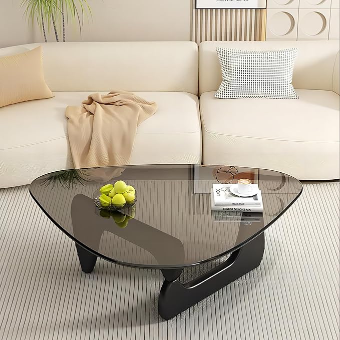 EASYSOUL Modern Glass Coffee Table, 44.88" D x 32.28" W x 15.75" H, Abstract Round Tea Tables for Living Room Home Office Industrial Cocktail Tables (Black-Gray Glass, 44.88")