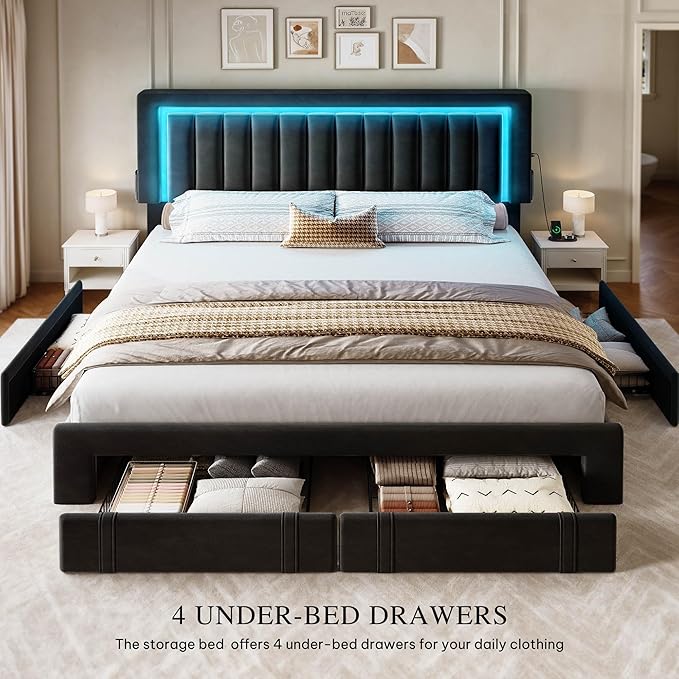 DWVO Queen Size Bed Frame with Adjustable Headboard, 4 Storage Drawers and RGB LED Lights, Velvet Upholstered Platform Bed with USB Ports, No Box Spring Needed, Fast Assembly, Noise-Free, Black