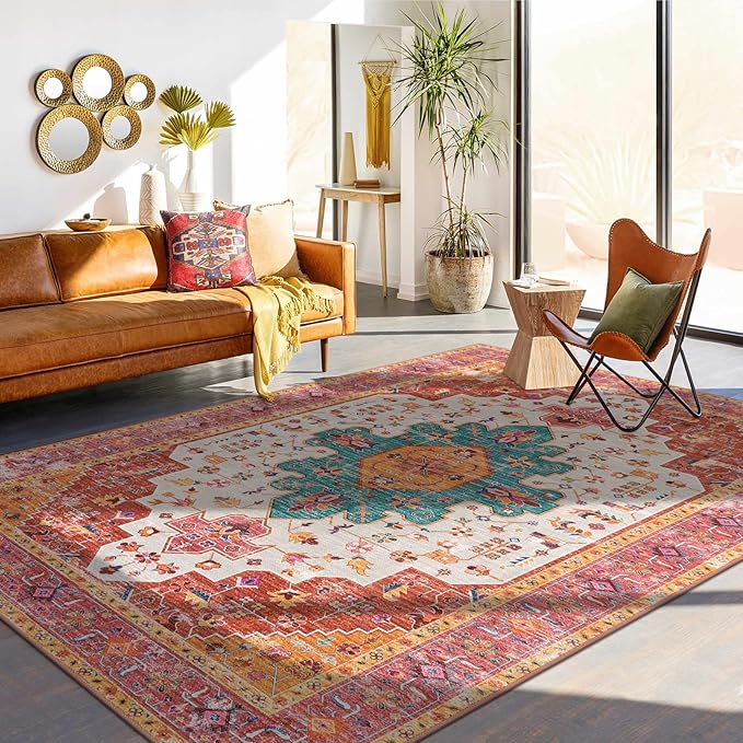 Moynesa Ultra-Thin Washable 10x14 Area Rugs for Bedroom, Pink Large Living Room Rug Non Slip, Medallion Oriental Indoor Floor Carpet for Dining Room Table Dorm Home Office Decor