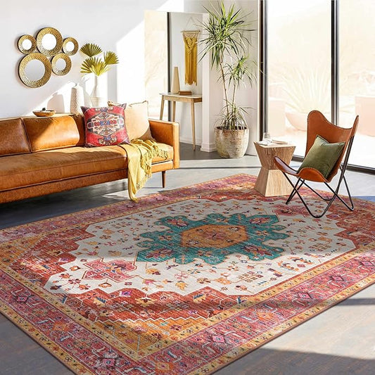 Moynesa Ultra-Thin Washable 10x14 Area Rugs for Bedroom, Pink Large Living Room Rug Non Slip, Medallion Oriental Indoor Floor Carpet for Dining Room Table Dorm Home Office Decor