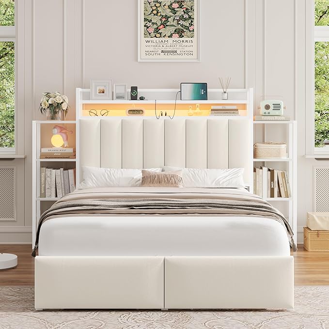 Keyluv Full LED Bed Frame with Storage Headboard & 2 Drawers, Upholstered Platform Bed with Charging Station & Bedside Storage Rack, Metal Slat Support, No Box Spring Needed, Velvet Fabric, White