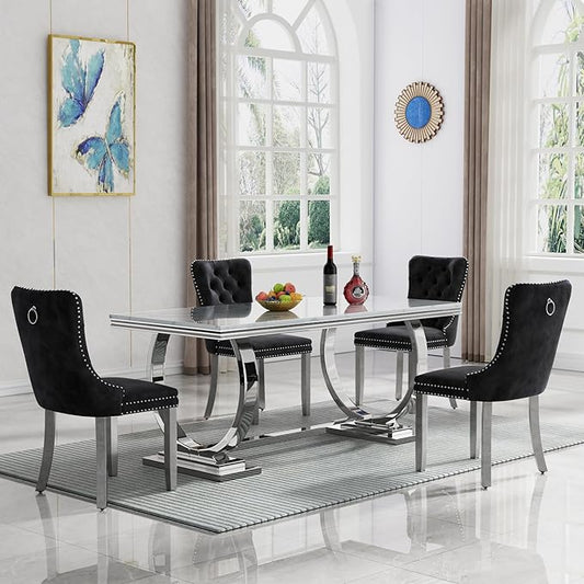 Goujxcy 5 Piece Marble Dining Table Set for 4, Luxury 70" White Marble Silver Kitchen Table with 4 Black Velvet Upholstered Chairs, Modern 4 Person Dining Room Table Set for Kicken Dining Office Room