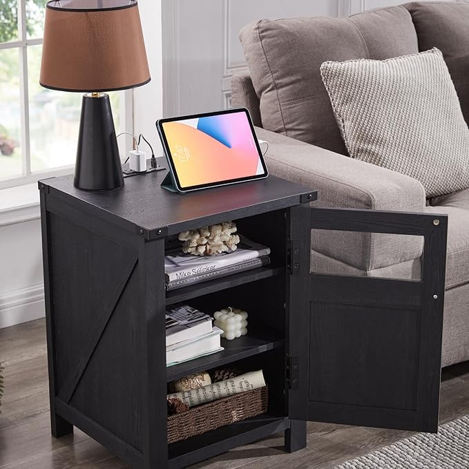 ACCOHOHO Farmhouse End Table with Charging Station,18'' Sofa Side Table,Nightstand with Barn Door,Bedside Table with Adjustable Shelf for Living Room, Bedroom, Office (Black)