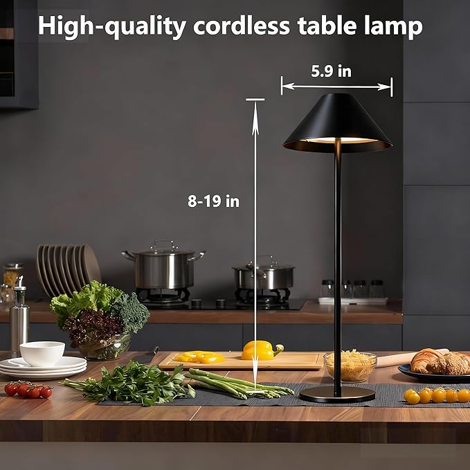 Black Cordless Lamp Set of 2, Rechargeable Battery Table Light Metal Lampshade with Flexible Height Pole, 3 Color Dimmable Bedside Touch Lamp, Portable Wireless Lamp for Reading/Home