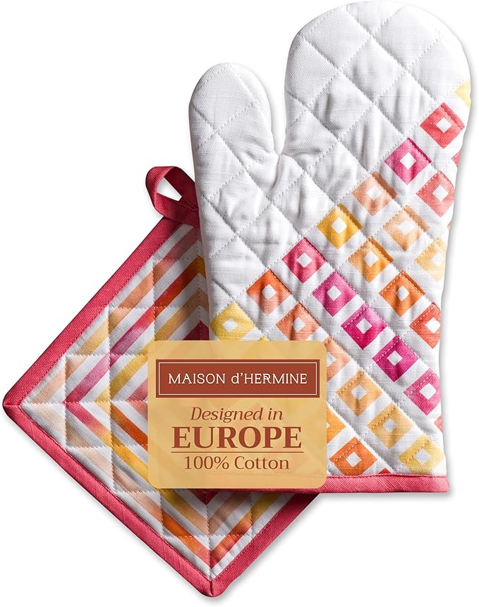 Maison d' Hermine 100% Cotton Oven Mitt & Pot Holder Set (7.5"x13" & 8"x8") Heat Resistant BBQ Cooking Gloves with Loop, Baking, Grilling, Kitchen, Handling Hot Pans Spring/Summer (Summer Maze)