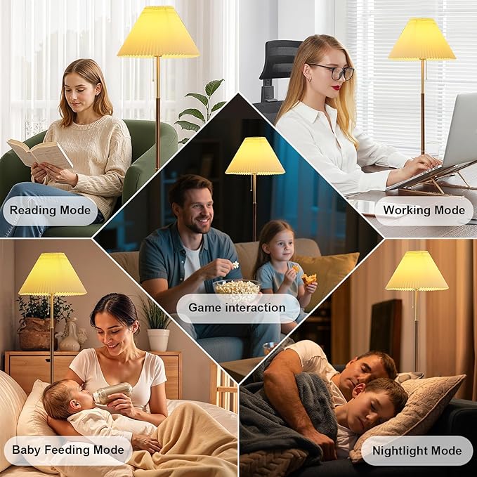 Pleated Lampshade Tall Floor Lamp for Living Room Corner Bedroom Bedside Office, Brown Pole Lamp, Bright 12W Dimming Reading Light, Modern Cute Unique Retro Standing lamp,Farmhouse Vintage Home Decor